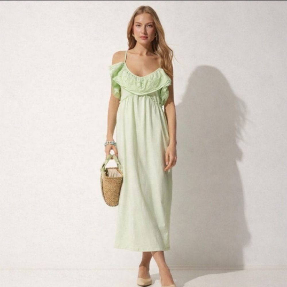Zara Mint Green Eyelet Ruffle Strappy Maxi Dress Size Medium Cottagecore Boho